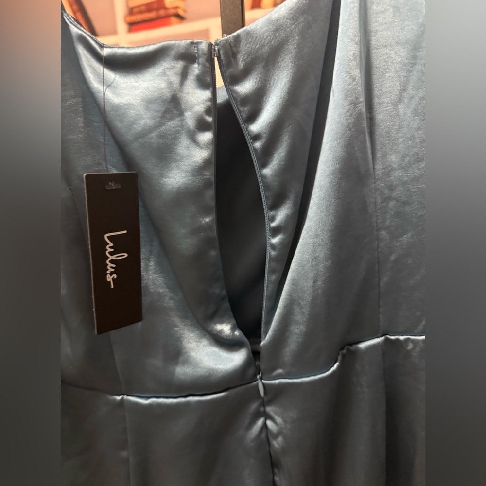 Lulu's Elegant Long Sleeve Satin Dress in Blue - Picture 9 of 10